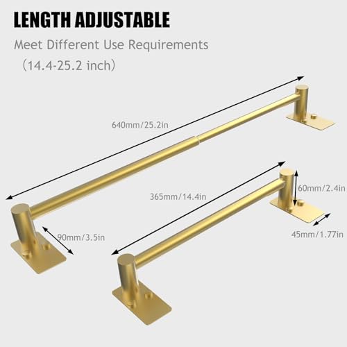 Towel Bar, Adhesive or Drill Wall Mount, Brushed Gold, 2 Pack | Adjustable 14.4 to 25.2 Inch, 304 Stainless Steel Hand Towel Holder, Square Base Towel Racks for Bathroom, Kitchen Use - color: Standard Length–gold