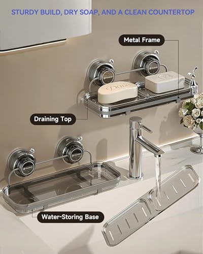 PEISAINOX Soap Dish for Shower Suction Cup Wall Soap Bar Holder Self Draining NO-Drilling Removable Sponge Holder for Bathroom Bathtub Kitchen Sink Waterproof Strong Vacuum Suction Adhesion