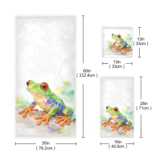 ALAZA Towel Bathroom Sets, Watercolor Red Eyed Green Frog Towels 3-Piece 1 Bath Towel 1 Washcloth 1 Hand Towel, Bath Towel Set of 3 Soft Multifuntion for Home Kitchen Hotel Gym Swim Spa - color: Multi03