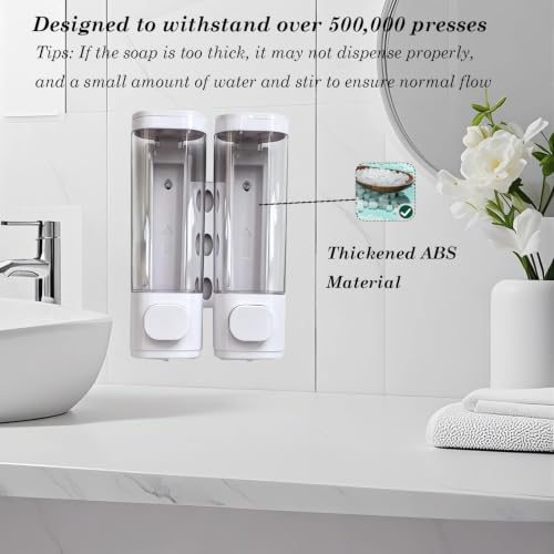 2-Chamber 10oz/300ML White Plastic Hand Wall Mounted Soap Dispensers | Refillable Shampoo Conditioner Shower Dispenser No Drill, Clear Manual Pump Dispenser for Bathroom Hotel Kitchen - color: 2-chamber White
