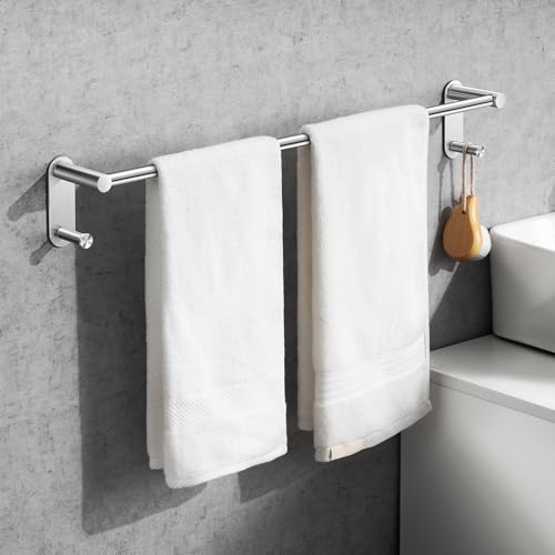 24 Inch Adhesive Towel Bar - Stainless Steel Stick on Towel Rack for Bathroom, No Drilling Towel Holder with 2 Hooks, Brushed Nickel - color: Brushed Nickel, size: 24 inch