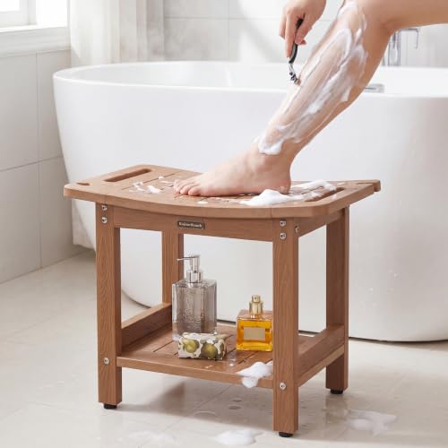 Shower Bench Seat for Shaving Legs HDPS Bath Chair Stool for Inside Shower | Heavy Duty Bathroom Chair Seat with Storage Shelf & Adjustable Feet, Anti-Rotting, Space-Save, No-Maintenance - color: Teak