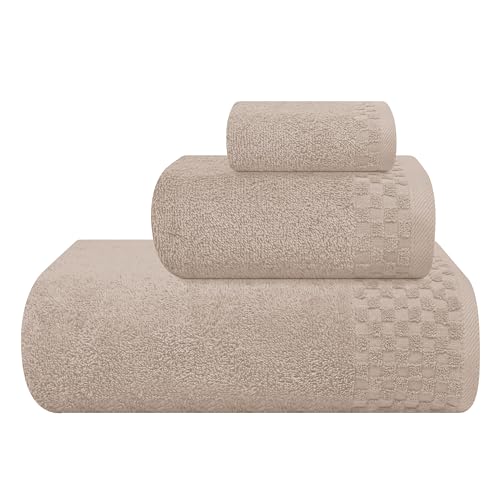 MyOwn Ultra Soft 3 Pack Cotton Towel Set, Contains a Bath Towels 28x55 inch, a Hand Towels 16x24 inch & a Wash Coths 12x12 inch, Ideal Everyday use, Compact & Lightweight - Tan - color: Tan, size: 3 Pack Set