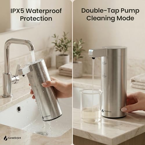 GentleJet SmoothDrop Automatic Liquid Soap Dispenser Touchless, No-Drip Precision Pump, USB-C Rechargeable, 304 Stainless Steel, Waterproof Countertop Dispenser for Kitchen & Bathroom Sink, 270 ml - color: Silver
