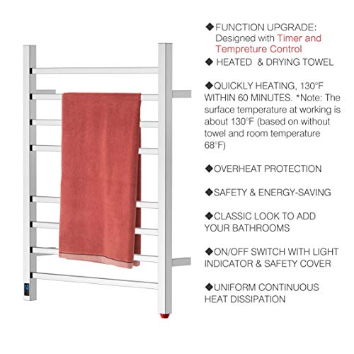 HEATGENE Towel Warmer with Timer and Temperature Control, Electric Towel Warmer with 8 Square Bars, Wall-Mounted Electric Towel Rack with 8 Square Bars, Plug-in/Hardwired Towel Rails - Brushed - color: Brushed