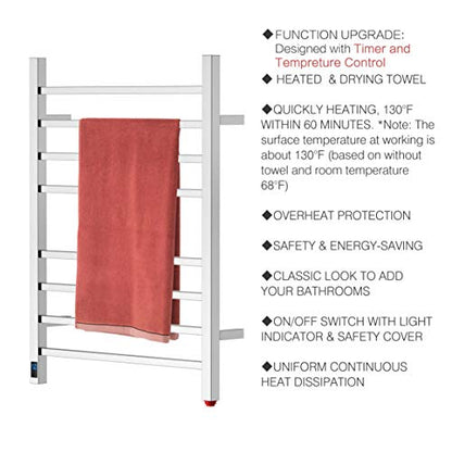 HEATGENE 8-Bar Square Towel Warmer, Heated Towel Rack, Timer, Brushed | 8 Square Bars With Timer And Temperature Control, 304 Stainless Steel Construction, Plug-In Or Hardwired Installation - color: Brushed