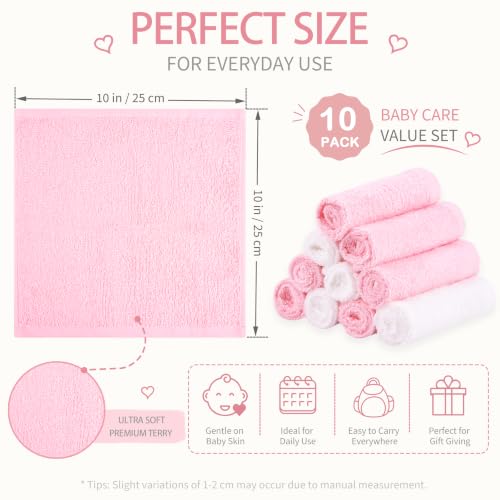Baby Washcloths 10 Pack Rayon from Bamboo Ultra Soft Absorbent Terry Wash Cloth 10" x 10" Bath Towels for Face Burp Wipes Reusable Lightweight Newborn Essentials Shower Gift Set - color: Pink