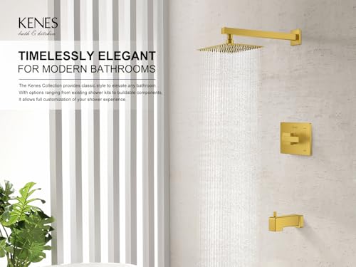 KENES Brushed Gold Shower Set with Tub Faucet, Square Tub Shower Faucet Set | Shower Faucet with 10-Inch Rain Shower Head, Square Shower System, Valve Included, Lead-Free cUPC & NSF Certified, Stainless - color: Brushed Gold, style: Tub Shower Faucet Set