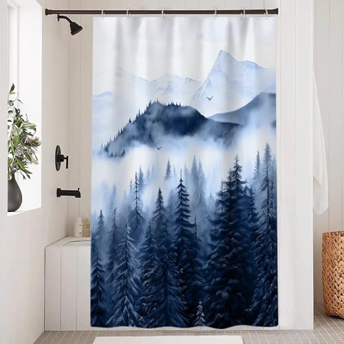 Navy Blue Forest Stall Shower Curtain with Hooks, 48x72 Inch | Waterproof Small Narrow Nature Foggy Mountain Bathroom Curtain for Shower Stall, Soft and Lightweight, Machine Washable - color: Blue, size: 48"W x 72"L (Pack of 1)
