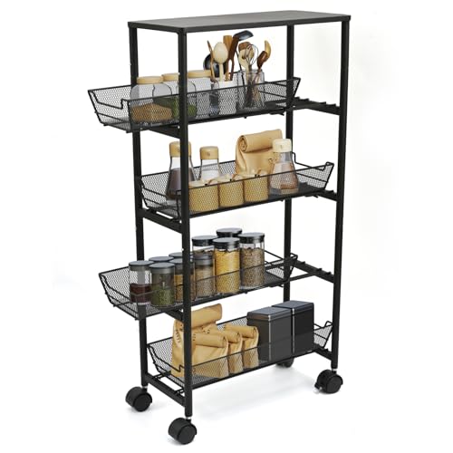 IBERG 5 Tier Slim Storage Cart with Wheels and Pull Out Baskets (Black)
