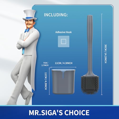MR.SIGA Toilet Brush and Holder Wall Mounted, Gray, 1 Pack | Compact space saving toilet cleaner brush, scratch free thermoplastic rubber head, easy to clean and dry quickly - color: Gray
