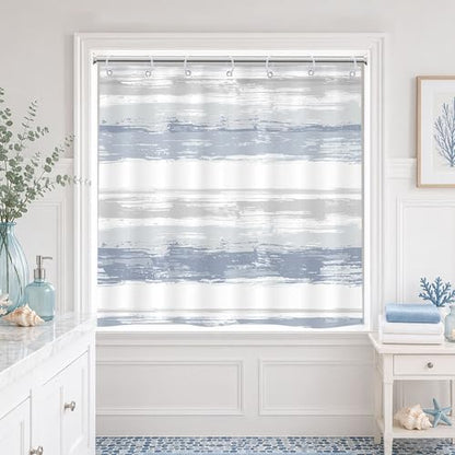 Abstract Blue Short Small Modern White Gray Bathroom Shower Curtain Set | 40Wx36H Striped Geometric design, waterproof HD print with fast-drying fabric and 12 hooks. - color: A1-blue Grey, size: 40"W x 36"L (Pack of 1)