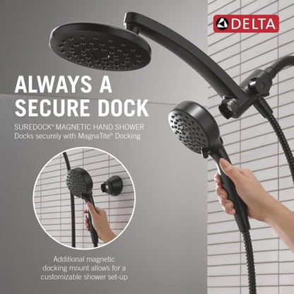 Delta 6-Setting PivotPro 3-in-1 Combination Shower Head with ProClean Spray, Matte Black Round Shower Head Rainfall with Handheld Spray, 1.75 GPM, Matte Black 75649BL - color: Matte Black