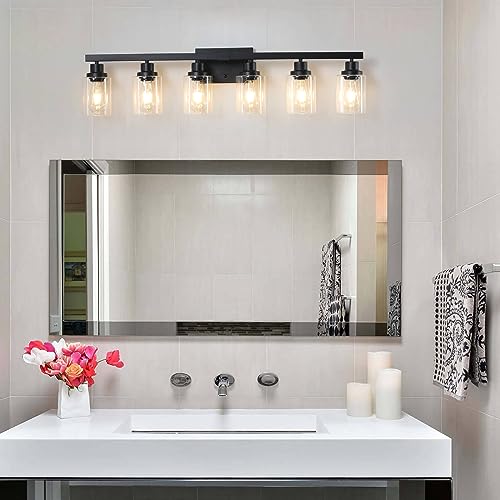 6-Light Black Vanity Lights 38'' Modern Bathroom Vanity Lighting Fixtures Above Mirror? Industrial Matte Bathroom Light Fixtures, Bath Wall Light Fixtures, Black Wall Sconces - color: Black, size: 6-light