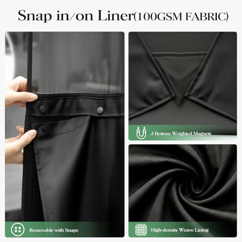 Black Hook Free Waffle Shower Curtain & Snap-in Fabric Liner,72x87 | Less Time to install, 3 in 1 Fabric Shower Curtain and Liner Set with Magnets, Extra Long, Shower Curtains for Bathroom - color: A Black, size: 72"W x 87"L (Pack of 1)