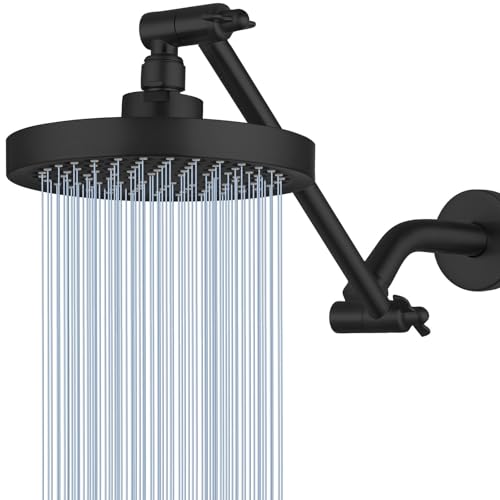 High Pressure Rain Shower Head with 11'' Extension Arm - High Flow Rainfall Showerhead - Luxury Modern Look - Pressure Boosting (Round, Matte Black) - color: Matte Black, style: 6" Round
