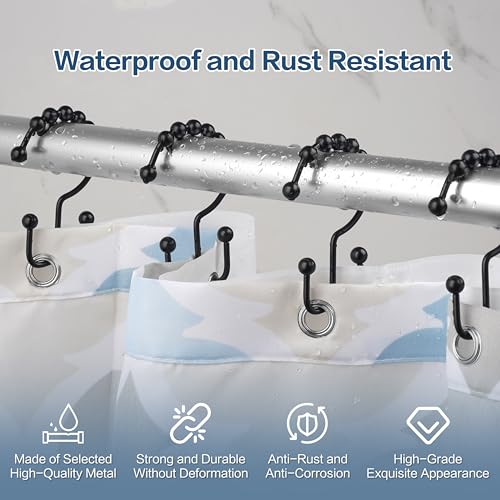 DAWNER Shower Curtain Hooks Rings, Rust Proof Hooks, Metal Easy Glide Double Shower Rings Hooks, Stainless Steel Shower Curtain Hangers for Bathroom Shower Curtains, Set of 12 Hooks, Matte Black - color: Matte Black