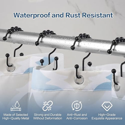 DAWNER Shower Curtain Hooks Rings, Rust Proof Hooks, Metal Easy Glide Double Shower Rings Hooks, Stainless Steel Shower Curtain Hangers for Bathroom Shower Curtains, Set of 12 Hooks, Matte Black - color: Matte Black