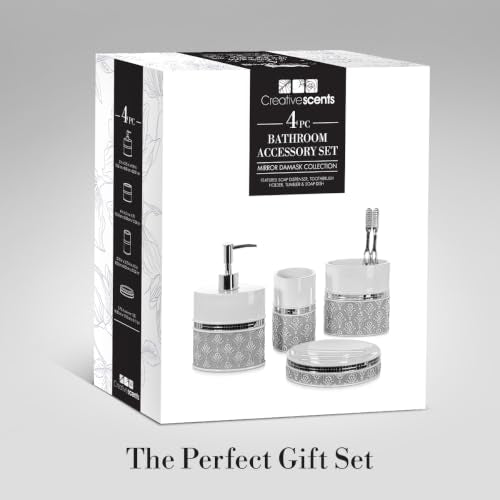 Creative Scents Mirror Damask 4 Piece Resin Bathroom Accessories Set | Includes Soap Dispenser, Toothbrush Holder, Tumbler Cup & Soap Dish - color: 4 Piece Set