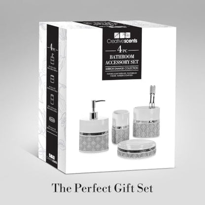 Creative Scents Mirror Damask 4 Piece Resin Bathroom Accessories Set | Includes Soap Dispenser, Toothbrush Holder, Tumbler Cup & Soap Dish - color: 4 Piece Set