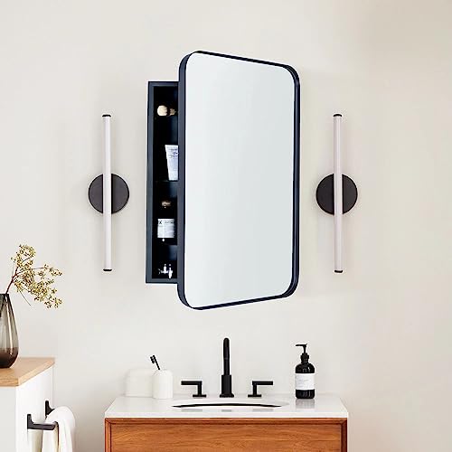 Matt Black Rectangle Recessed Bathroom Medicine Cabinet with Mirror Stainless Steel Metal Framed Rounded Rectangular Bathroom Cabinet with Mirror 16x24'' - color: Matt Black, size: 16'' x 24''