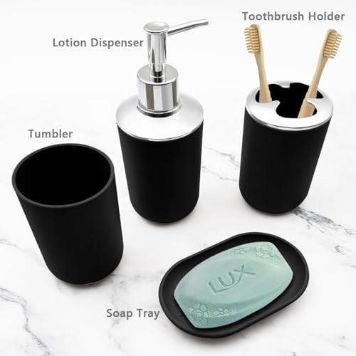Bathroom Accessory Set, 4 pcs Shatter-Resistant Resin Bathroom Accessories Set Include Lotion Soap Dispenser Toothbrush Holder Soap Dish Modern Bathroom Decor, Gift for Home (Black 4pcs) - style: Black 4pcs