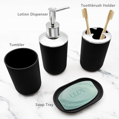 Bathroom Accessory Set, 4 pcs Shatter-Resistant Resin Bathroom Accessories Set Include Lotion Soap Dispenser Toothbrush Holder Soap Dish Modern Bathroom Decor, Gift for Home (Black 4pcs) - style: Black 4pcs