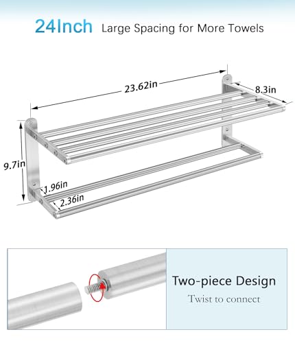 VOTZAAQ Towel Racks for Bathroom - 24 in Bath Towel Shelf with Double Towel Bar, Stainless Steel Towel Storage for Lavatory Wall Mounted, 2-Tier Towel Hanger Towel Holder, Brushed Nickel - size: 24in