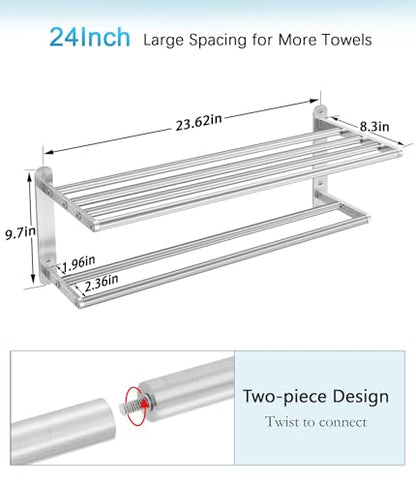 VOTZAAQ Towel Racks for Bathroom - 24 in Bath Towel Shelf with Double Towel Bar, Stainless Steel Towel Storage for Lavatory Wall Mounted, 2-Tier Towel Hanger Towel Holder, Brushed Nickel - size: 24in