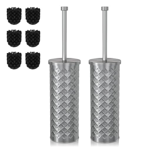 Toilet Bowl Brush and Holder Set 2 Pack with 4 Extra Brush Heads (Silver) | Extra Long Handle with Splash Guard Cover, Tool-Free Installation, Bathroom Space-Saving, Cleaner Sets for Apartments, RV - color: Silver