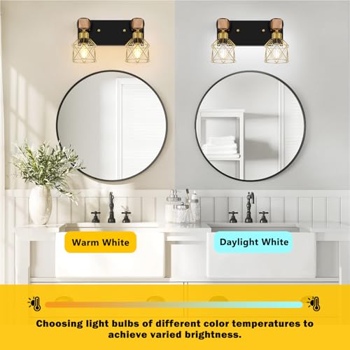 FadimiKoo Rustic Style Wood Bathroom Wall Sconces, 2-Light Black Gold Bathroom Vanity Light Fixtures with Metal Shade, Light Fixtures Wall Mount for Living Room, Hallway, Dressing Table - color: Black & Gold, size: 2-Lights