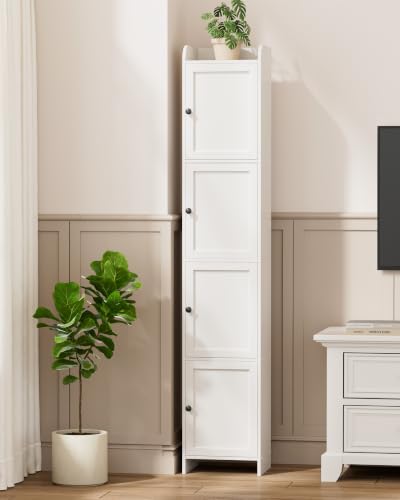Slim Bathroom Storage Cabinet, Reversible Door Installation | Tall Narrow Storage Cabinet with Door and Shelves, Easy Assembly, 9.8 x 11.8 x 63.4 Inches, for Small Spaces, White