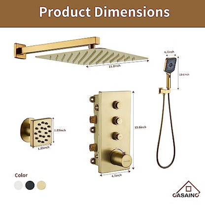 CASAINC 12 Inch Rain Shower Head with Handheld, Brushed Gold Thermostatic Shower System, Wall Mount Rainfall Shower System with Body Jets, 3-Functions Shower System with Thermostatic Valve - color: Brushed Gold, style: Style A