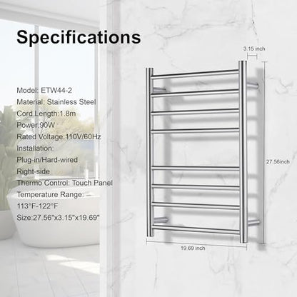 Electric Heated Towel Warmer - Wall Mounted Bathroom Towel Rack, Plug-in Design & Brushed Stainless Steel Finish 8 Bar (Polished) - color: Polished With Single Press, size: 8 Bar