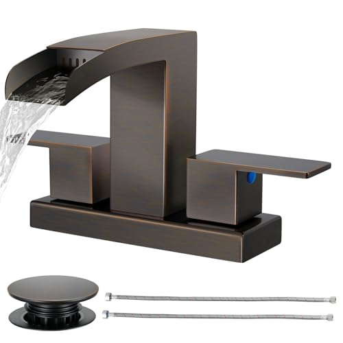 Cobbe Waterfall Bathroom Faucets 3 Hole, Oil Rubbed Bronze Bathroom Sink Faucet Square 4 Inch Centerset with Pop-Up Drain, 2 Handle and 2 Supply Hoses, Lead-Free Stainless Steel for Vanity Sink Rv - color: Oil Rubbed Bronze, size: 4 Inch Centerset