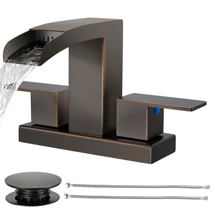 Cobbe Waterfall Bathroom Faucets 3 Hole, Oil Rubbed Bronze Bathroom Sink Faucet Square 4 Inch Centerset with Pop-Up Drain, 2 Handle and 2 Supply Hoses, Lead-Free Stainless Steel for Vanity Sink Rv - color: Oil Rubbed Bronze, size: 4 Inch Centerset