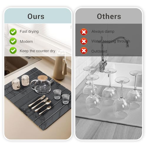23*16'' Large Diatomaceous Earth Stone Quick Drying Mat For Kitchen Counter Bathroom Foldable and Absorbent Drying Stone Mat Home Pad Fast-Drying Floor Mat Dark Gray