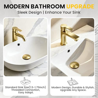 Pop up Bathroom Sink Drain with Overflow, Removable Stainless Steel Hair Catcher, Fits 1.5-1.75", Brushed Gold Stainless Steel Bathroom Sink Stopper for Vanity Vessel Sink Drain Stopper - color: Brushed Gold, style: Big Popup Cap