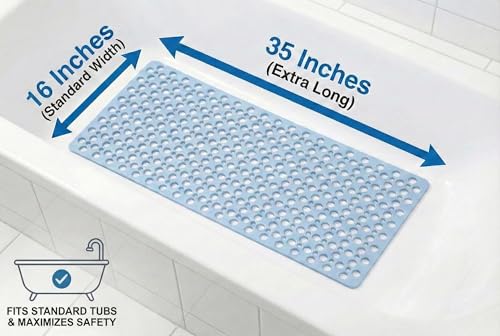 Bath Tub Shower Mat, Extra Soft Long Bath Mat Non-Slip with Suction Cups, TPE Bath Mat for Kids, Machine Washable Bathroom Mat (Blue, 35 x 16 Inch) - color: Blue, size: 35" x 16" (Rectangular)