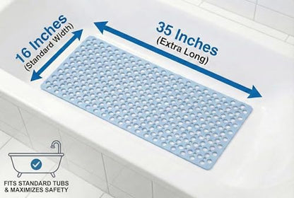 Bath Tub Shower Mat, Extra Soft Long Bath Mat Non-Slip with Suction Cups, TPE Bath Mat for Kids, Machine Washable Bathroom Mat (Blue, 35 x 16 Inch) - color: Blue, size: 35" x 16" (Rectangular)