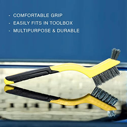 Wire Brush Set 3Pcs - Nylon/Brass/Stainless Steel Bristles with Curved Handle Grip for Rust, Dirt & Paint Scrubbing with Deep Cleaning – 7 Inches (Yellow) - color: Yellow