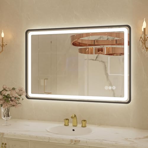 24x36 Inch Black Frame LED Bathroom Mirror with Lights, Dimmable Smart Lighted Bathroom Mirror, Anti-Fog, 3 Colors, Frontlit and Backlit, Waterproof, Memory Function Wall Mirror for Bathroom - color: Black, size: 24"L x 36"W