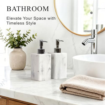 2 pcs Hand Soap Dispenser Set, 11oz Refillable Resin Liquid Soap Dispensers with Rustproof Pump, Lotion Dispenser Includes Silicone Funnel for Bathroom Countertop or Kitchen, Marble-Effect - color: Marble White