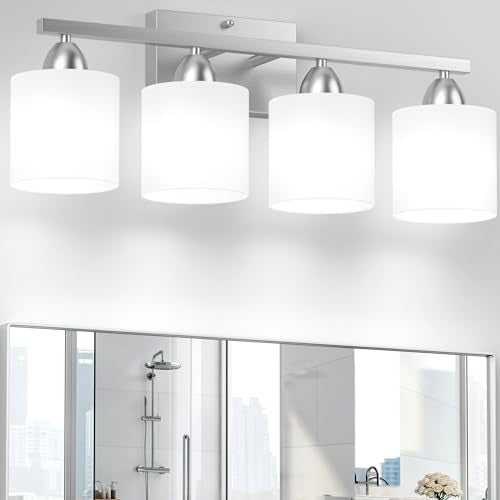 Bathroom Lighting Fixtures Over Mirror, Anti-Rust Vanity Light Fixture for Bathroom, Modern 4-Light Wall Sconce Light for Living Room, E26 Base, Milky White Glass Shades, Bulbs Not Included - color: Brushed Nickel-4Light
