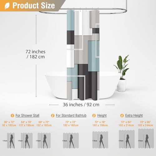 36x72 Half Modern Geometric Waterproof Fabric Shower Curtain, Fog Blue | Small Size, Premium Polyester, Weighted Hem, 6 Plastic Hook, Vibrant Color, Wrinkle-resistant, Quick-Dry, Machine Washable - color: Fog Blue, size: 36"W x 72"L (Pack of 1)