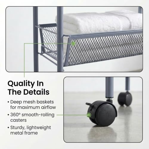 American Dream Matte Grey 4-Tier Mesh Basket Rolling Cart with Wheels Slim Metal Storage Organizer Trolley, 22.4" x 7.3" x 37.4" - color: Gray