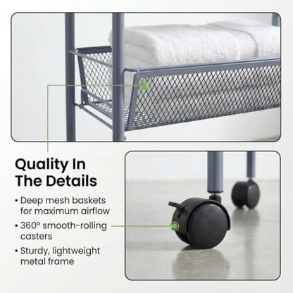 American Dream Matte Grey 4-Tier Mesh Basket Rolling Cart with Wheels Slim Metal Storage Organizer Trolley, 22.4" x 7.3" x 37.4" - color: Gray