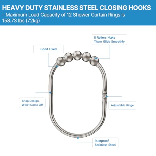 MENGJINGO 12PCS Wide Shower Curtain Hooks Rings, Rust Proof Stainless Steel | Heavy Duty Shower Hooks Rings for Bathroom Shower Rods Curtains Liners, Easy Glide Rollers, Set of 12, Matte Nickel - color: Matte Nickel