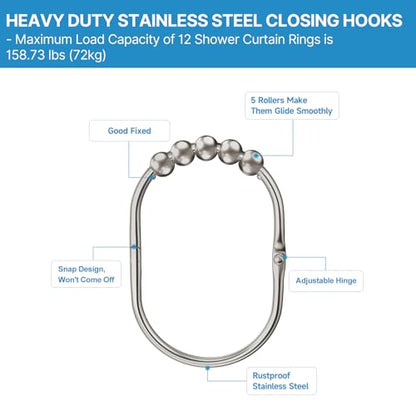 MENGJINGO 12PCS Wide Shower Curtain Hooks Rings, Rust Proof Stainless Steel | Heavy Duty Shower Hooks Rings for Bathroom Shower Rods Curtains Liners, Easy Glide Rollers, Set of 12, Matte Nickel - color: Matte Nickel