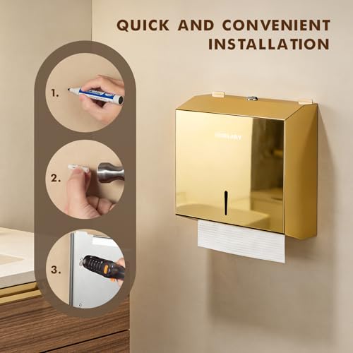 Gorlary Paper Towel Dispenser Wall Mount Commercial, Gold, Large Capacity | Polished Mirror Finish, Stainless Steel Paper Towel Dispenser with Lock, Fits C-Fold Multifold Trifold Paper Towels - color: Medium-gold